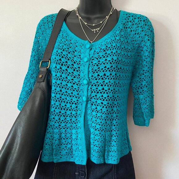 y2k 2000s whimsical teal blue open knit crochet fairy cardigan - Picture 3 of 8